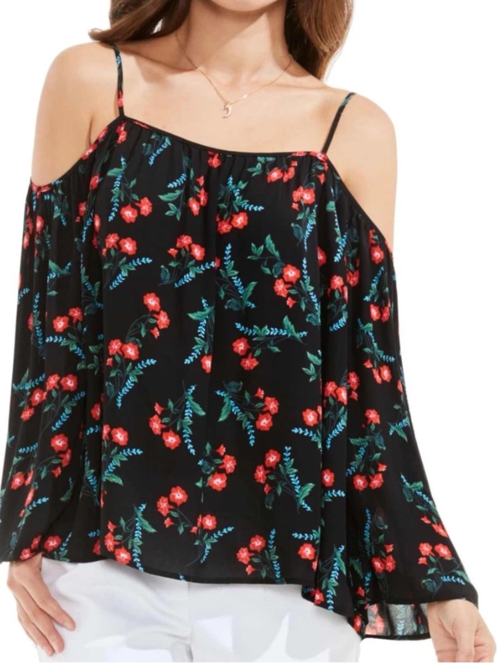 Vince Camuto Tropic Spritz flowy fit floral Long Sleeve cold Shoulder blouse